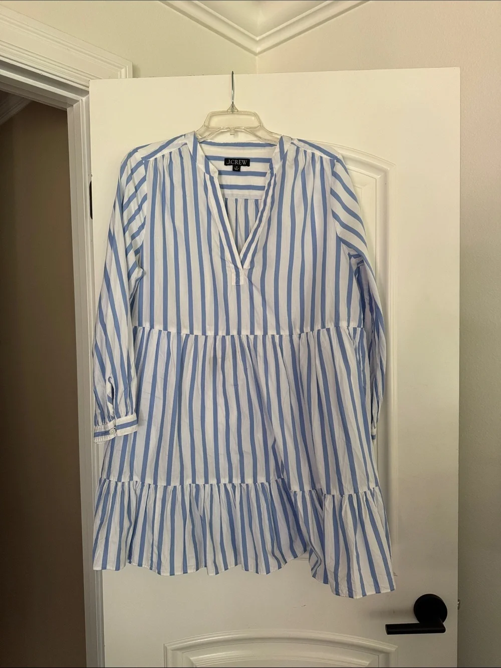 J. Crew Blue & White Vertical Stripe V-Neck Tiered dress